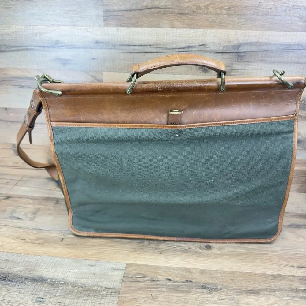 L.L. Bean Dowel Rod Canvas Green Business Travel Briefcase Shoulder Leather Bag